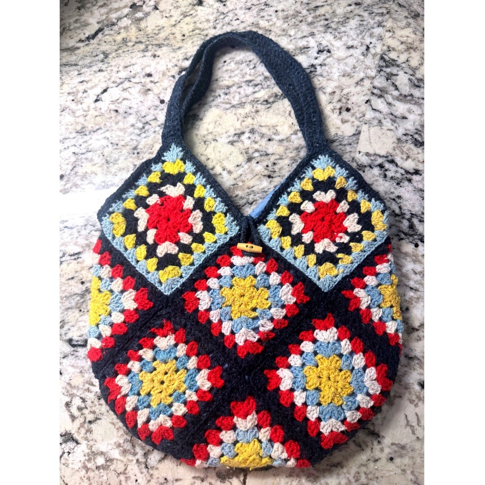Handmade Crochet Tote Bag Womens OS Multicolor Granny Square Boho Hippie Vintage